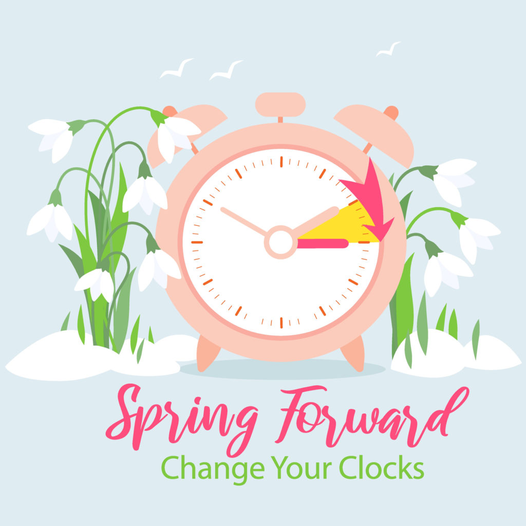 Daylight Saving Time Begins banner. Spring Forward. Reminder guide