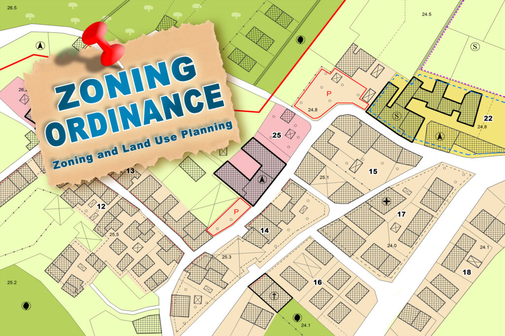 Imaginary Zoning Ordinance, General Urban Plan with indications of urban destinations with buildings, buildable areas, land plot and real estate land property - note: the map background is totally invented and does not represent any real place