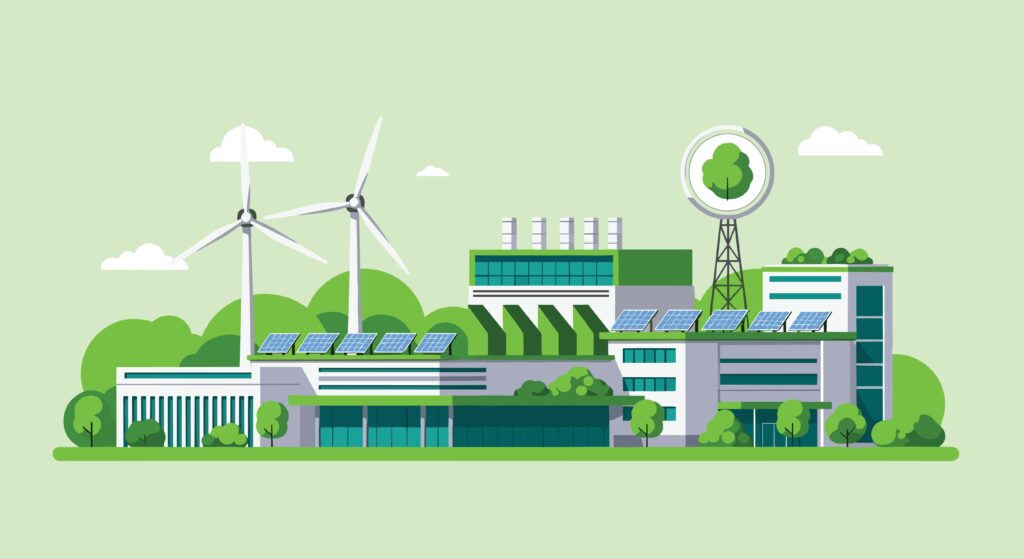 Modern,Green,City,Complex,With,Solar,Panels,,Wind,Turbines,,And